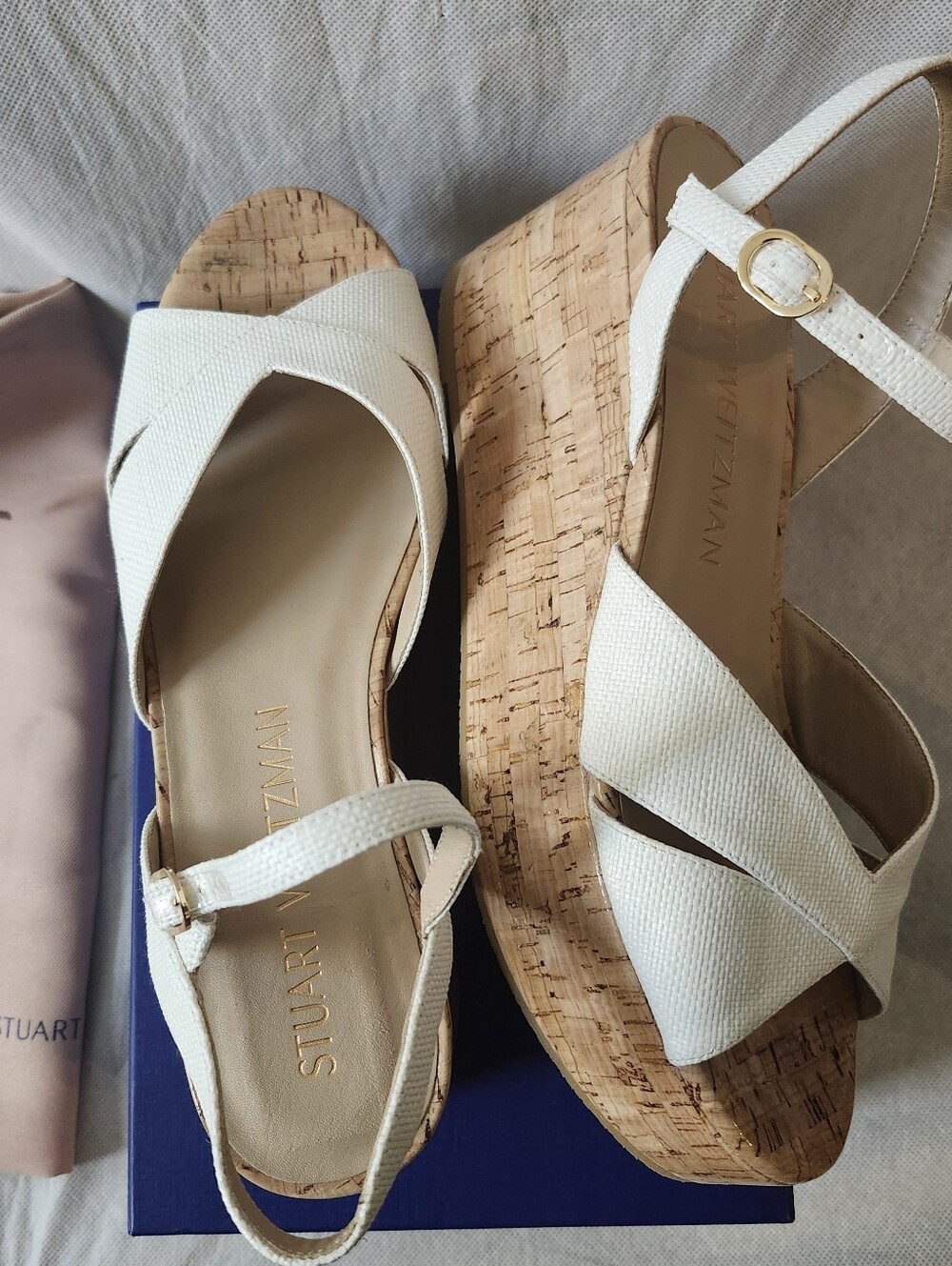 Stuart Weitzman Carmen Midi Wedge Sandal In White Leather & Natural Cork Sz 11